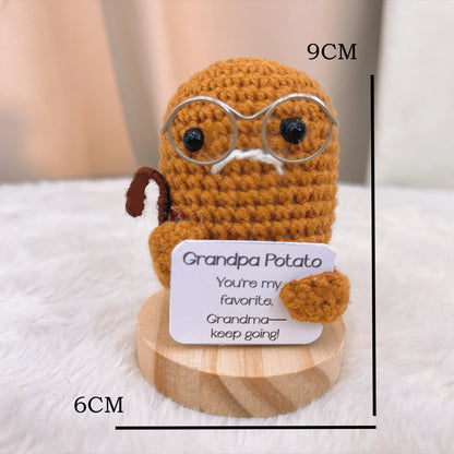 Handmade Supportive Grandma Grandpa Potato Couple with Wooden Base | Customizable Message Holders | Cute Desk Decor | Crochet Retirement Gift, Anniversary, Valentine’s Day, Mother’s Day, Father’s Day