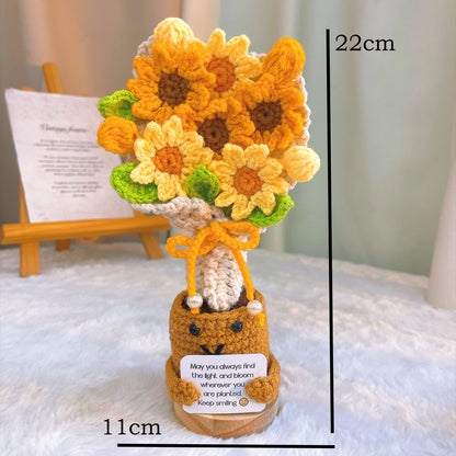 Handmade Crochet Sunflower Bouquet Desk Ornament with Customizable Card –Office Desk Decor, Home Decoration – Gift for Birthday, Graduation, Mother's Day, Valentine's Day, Anniversary, Christmas, Encouragement, Get Well Soon