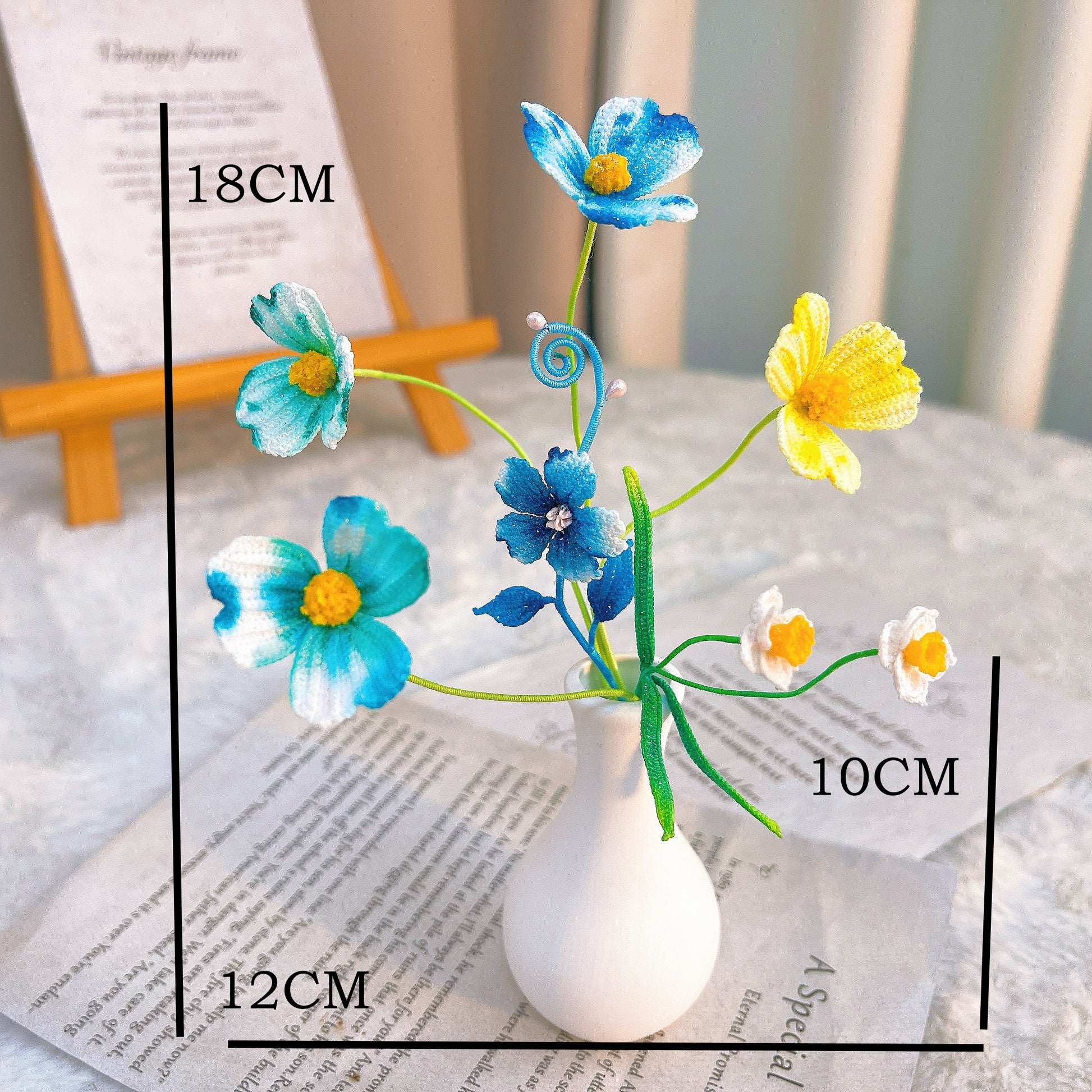 [Limited] Handmade Micro-Crochet Wildflower Series with Small Vase, Miniature Blue Green Yellow Flowers, One-of-a-Kind Textile Art, Home Office Table Decor - The Bloom Crafter