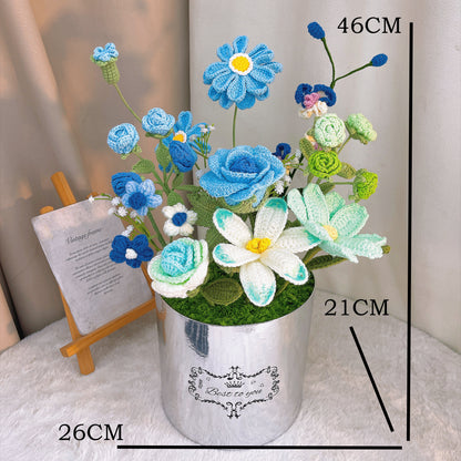 Handmade Crochet Flower Bouquet in Silver Bucket – Perfect for Weddings, Anniversaries, Mother's Day, Valentine's Day, Housewarming, Office Decor, and Gift Giving