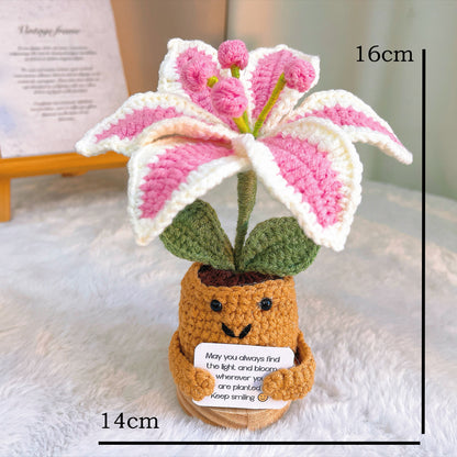 Crochet Potted Lily with Customizable Card | Handmade Artificial Yarn Flower Desk Decor | Gift for Birthday, Graduation, Mother's Day, Valentine's, Housewarming | Allergy-Friendly Forever Flower