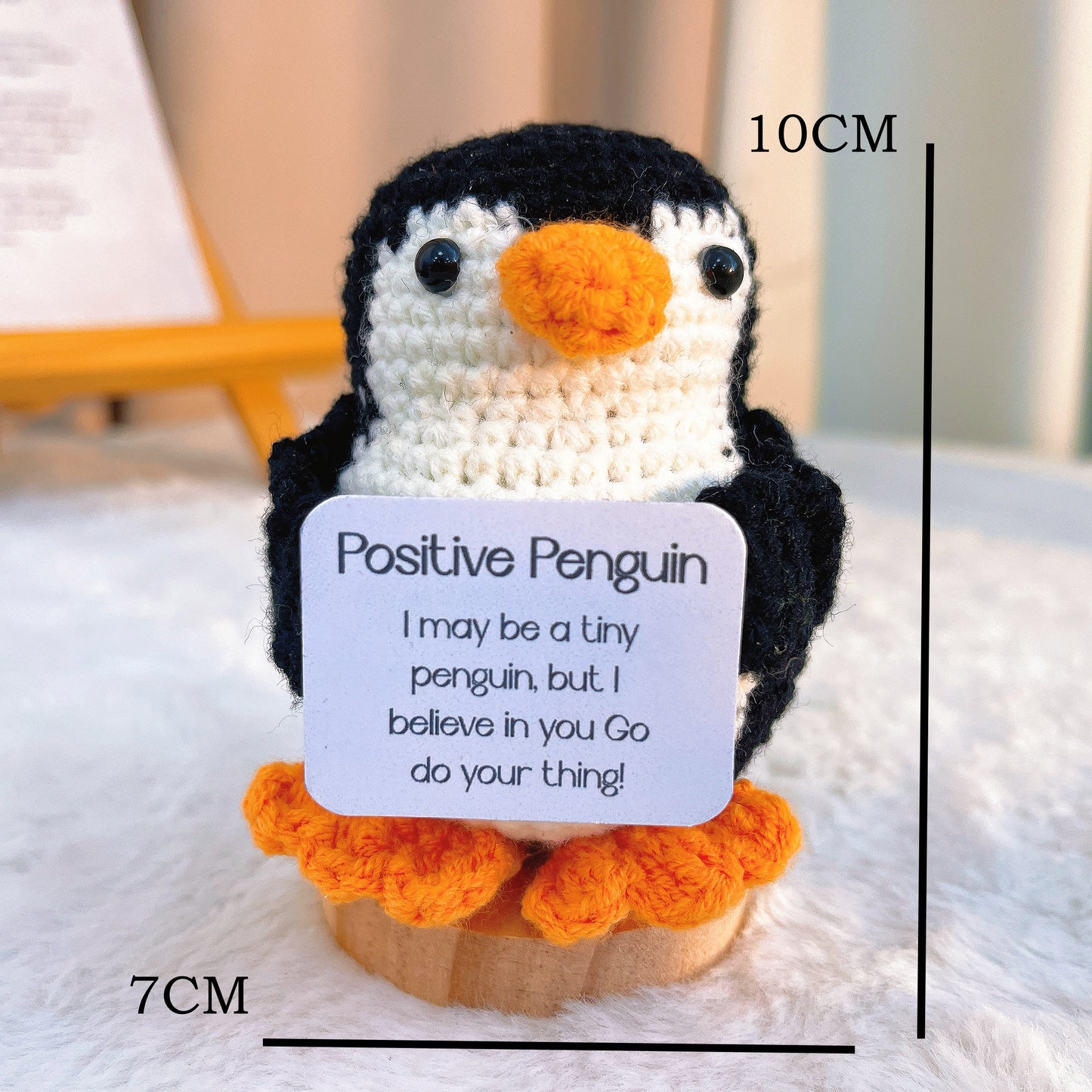 Customizable Positive Penguin Crochet Plushie with Wooden Base, Handmade Penguin Figure with Inspirational Message Card, Cute Desk Decor for Office, Encouragement Gift for Friends, Christmas, Birthday