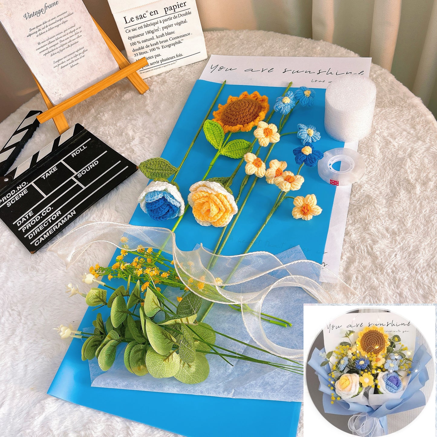 Handmade Crochet Flower Bouquet Self Wrapping Kit - Ready-to-Assemble DIY Floral Arrangement Set with Packaging Supplies & Video Tutorial