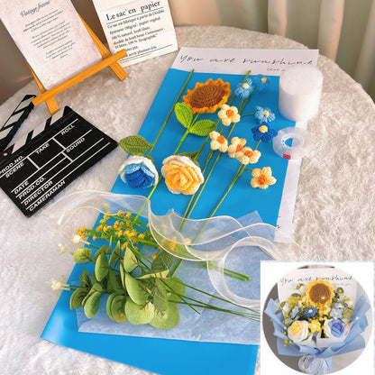 Handmade Crochet Flower Bouquet Self Wrapping Kit - Ready-to-Assemble DIY Floral Arrangement Set with Packaging Supplies & Video Tutorial