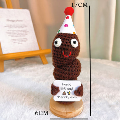 Handmade Crochet Birthday Poop with Customizable Card and Wooden Base, Colorful Polka Dot Hat, White Elephant, Novelty, Happy Birthday Funny Gag Gift for Friends