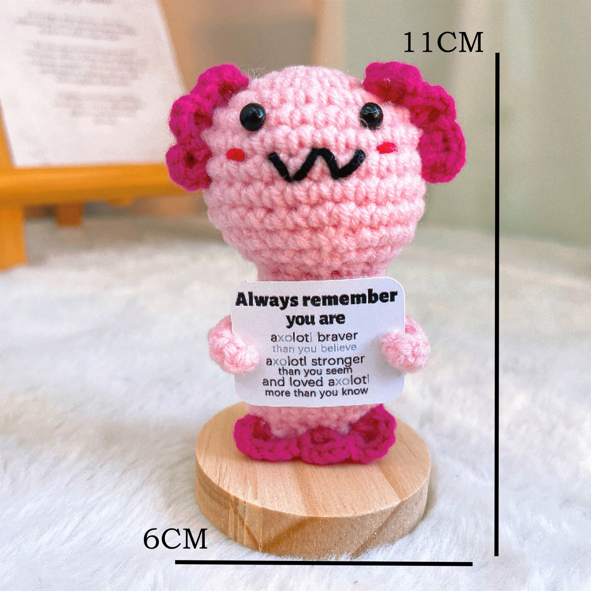 Handmade Crochet Axolotl Figurine, Pink Salamander Plush with Wooden Base, Customizable Card, Positive Affirmation Gift, Cute Desk Decor, Encouragement Gift for Her Him, Birthday, Get Well Soon, Graduation, Thinking of You, Christmas