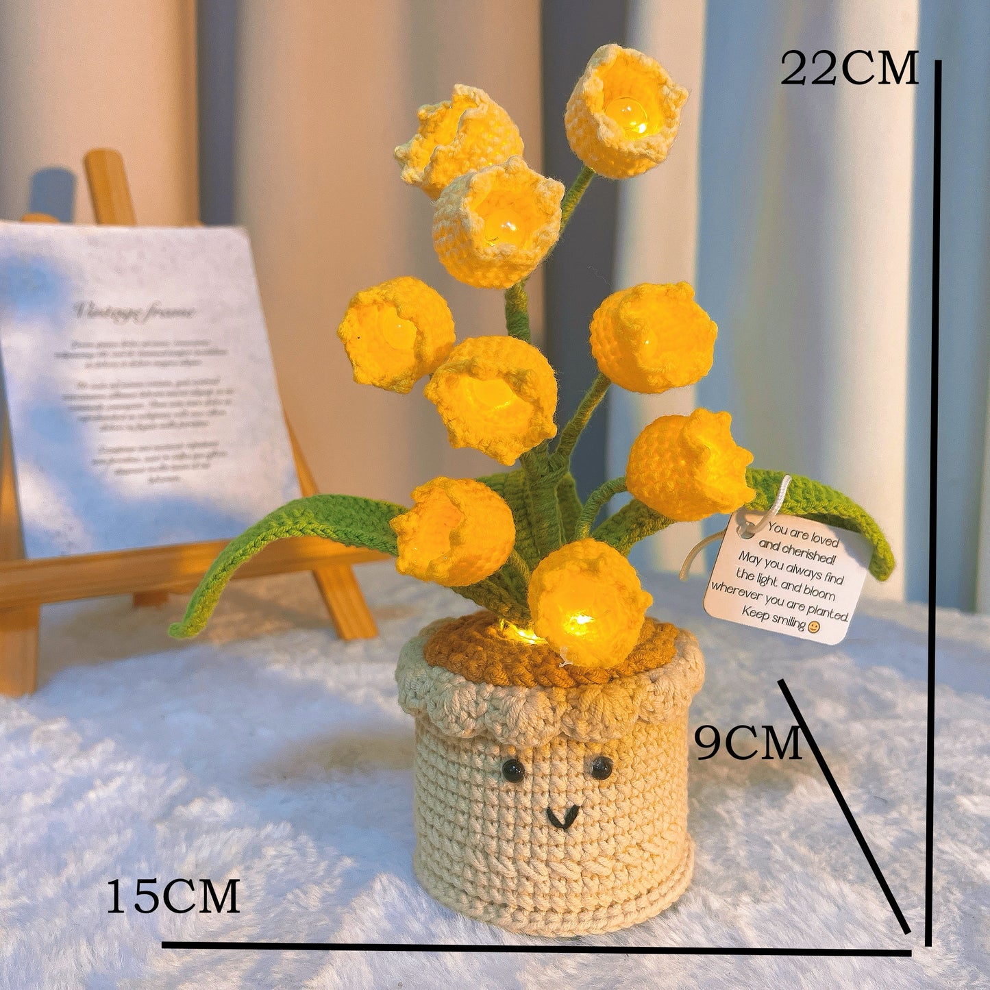 Handmade Crochet Lily of the Valley Plant with 9 LED Flowers Customizable Inspirational Card – Battery-Operated Night Light - Birthday, Get Well Soon, Supportive Gift