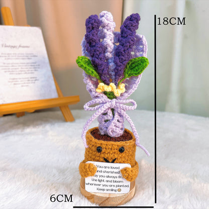 Handmade Crochet Mini Bouquet with Wooden Base, Purple Lavender Handheld Potted Yarn Flowers with Custom Card | Gift for Birthday, Mother's Day, Anniversary, Graduation, Get Well Soon