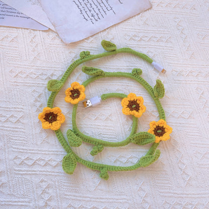 Potencia del Girasol: Cable USB para iPhone Tejido a Mano de Ganchillo con Carga Rápida