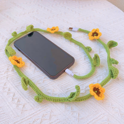 Potencia del Girasol: Cable USB para iPhone Tejido a Mano de Ganchillo con Carga Rápida