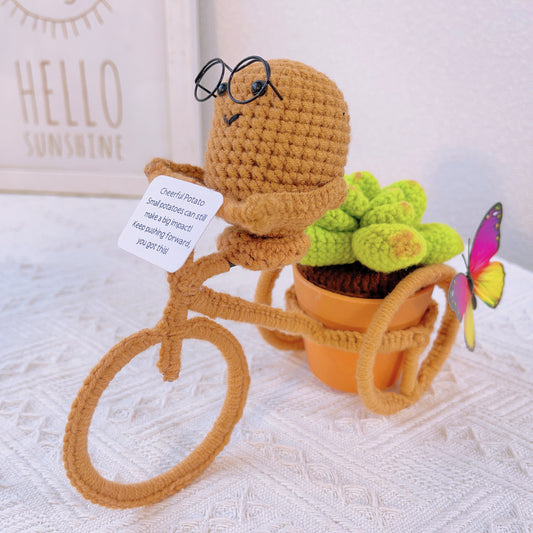 Decoração de Bicicleta em Forma de Batata Exuberante e Alegre Tricotada à Mão, Cacto Suculento - Peça Central Única para Decoração de Casa, Presente de Aniversário, Mesa de Trabalho ou Espaço de Trabalho