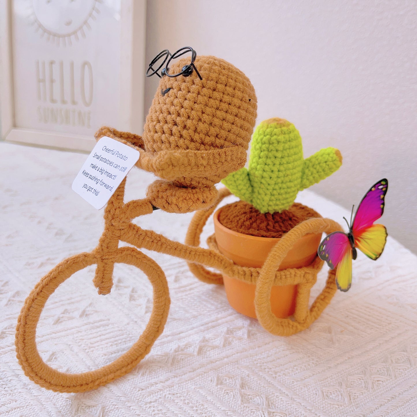 Decorazione per la bicicletta a mano a maglia: Cactus Simulato di Patata Allegra - Unico Centro di Decorazione per la Casa, Regalo di Compleanno, Decorazione per Scrivania o Spazio di Lavoro