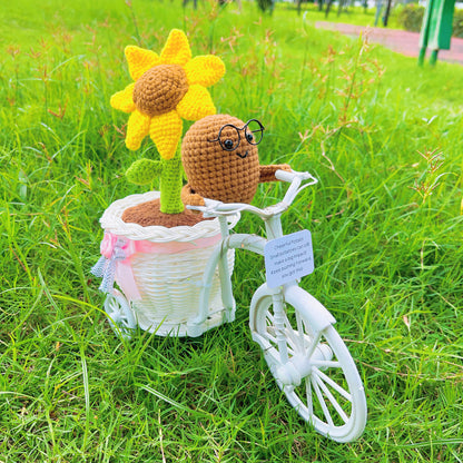 Whimsical Sunflower Pot on Bicycle: Hand-Woven Flower Basket with Sunflower Pen, LED Wire Wrap, and Positive Lemon Crochet Plushie