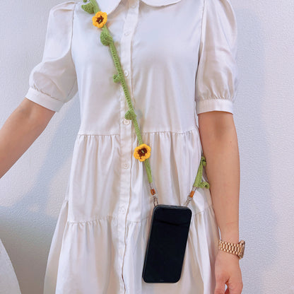 Cadena para móvil, correa de cuello (lanyard), correa para teléfono y correa cruzada para teléfono móvil, hecha a mano con flores trenzadas bohemias de ganchillo.