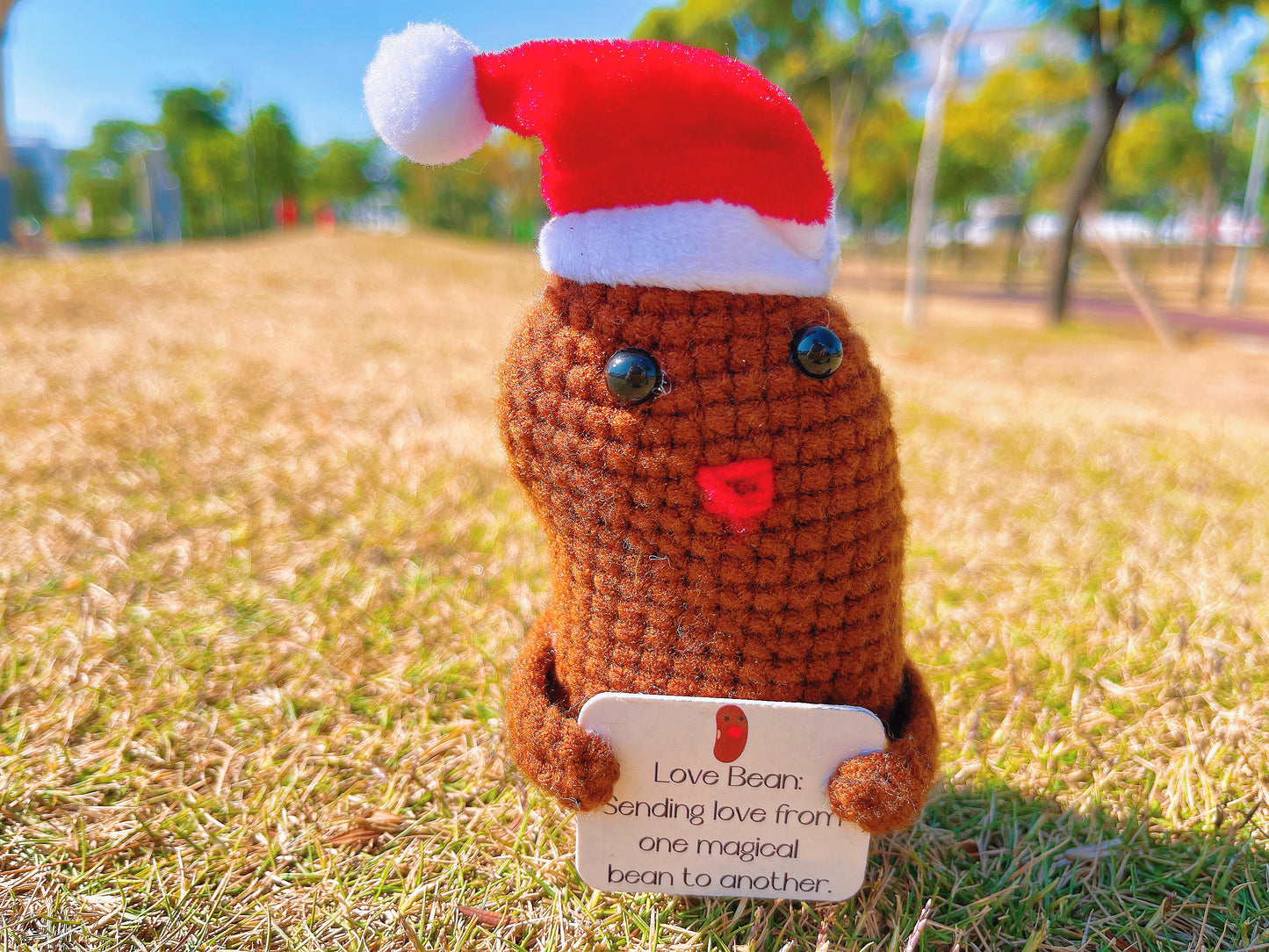 Frijol de Amor Artesanal con Abrigo de Navidad Acogedor y Tarjeta de Felicitación - Perfecto para Decoración de Festividades y Regalos