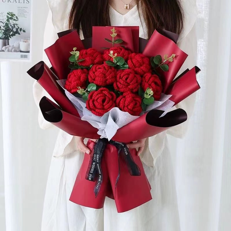 [Shipped from US] Handmade Crocheted Radiant Wealth Bouquet of 9 Red Roses - Gorgeous Gifts for Any Occasion