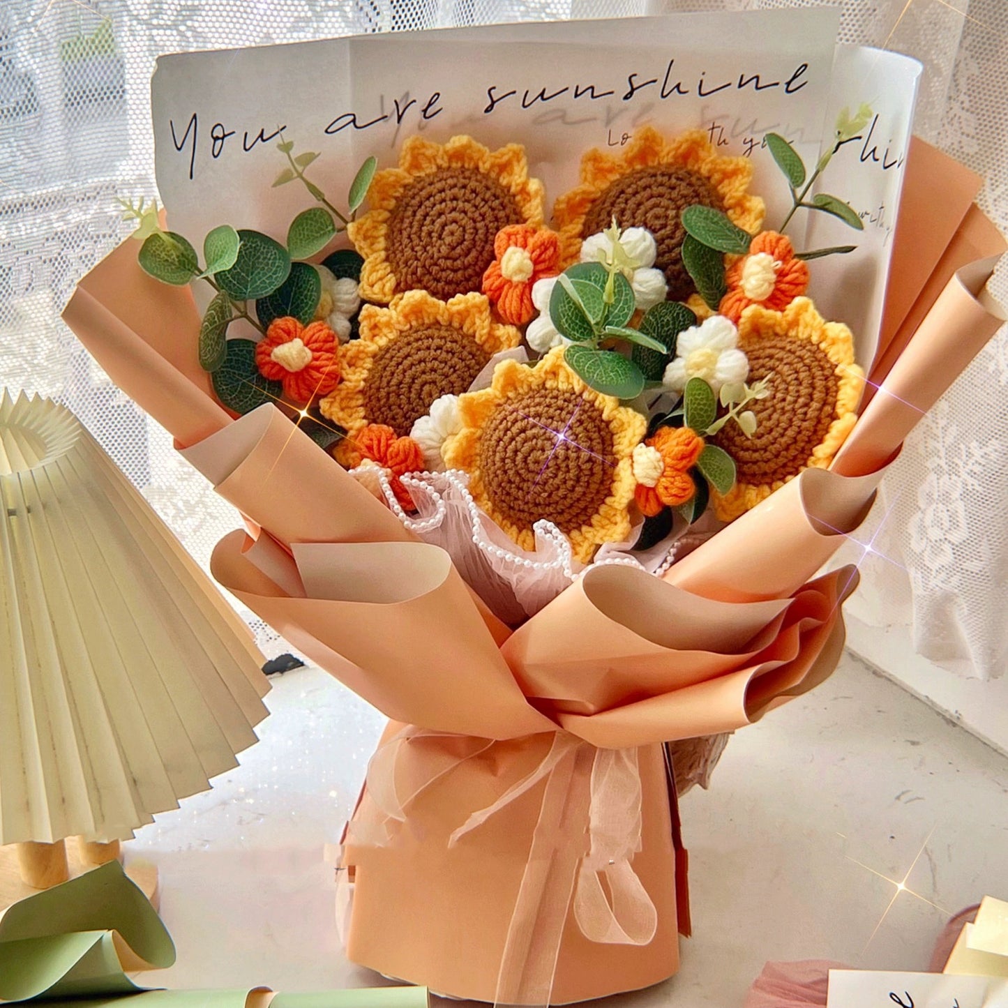 [Shipped from US] Handmade Crocheted Bouquet of Sunflowers and Puffy Flowers - Thoughtful Gifts Home Centerpiece Decor