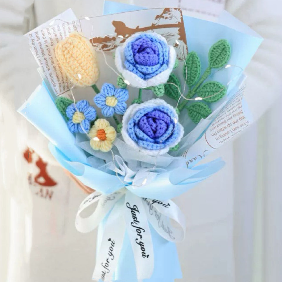 Handmade Crocheted Bouquet of Blue Roses, Lilies, Pompoms, and Greener