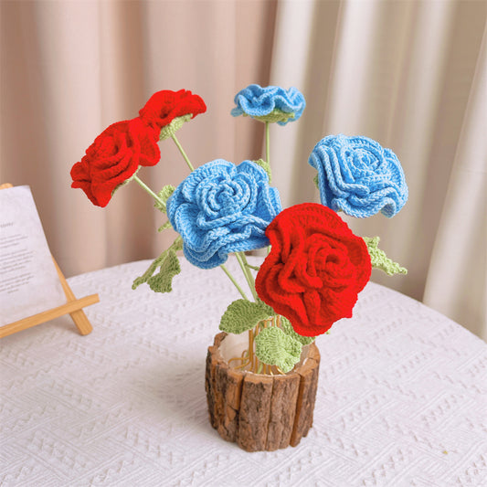 Handmade Crocheted Flat-Layered Raffia Rose Flower Bouquet - Lightweight, Hypoallergenic for Pollen Allergy, Perfect for Weddings, Valentine's Day, Mother's Day