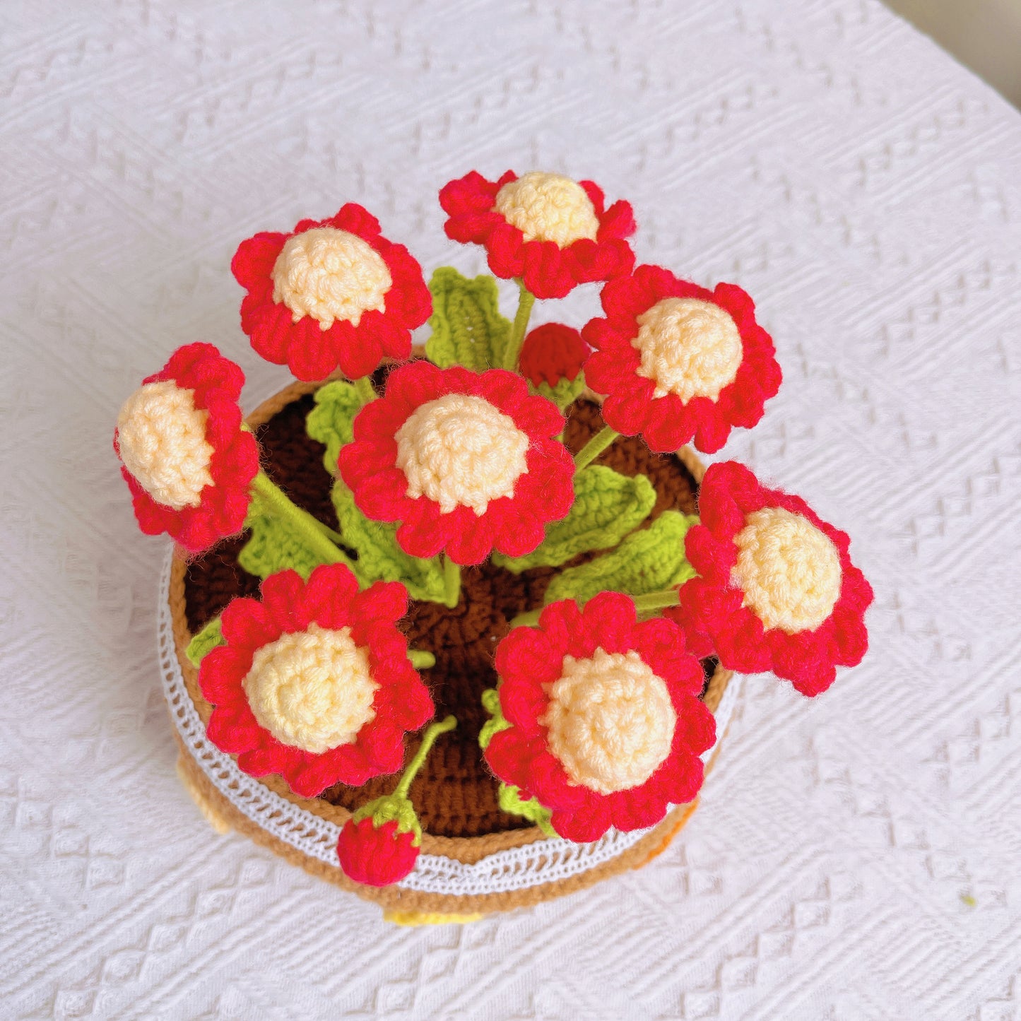 Handcrafted Large Plant Pot Arrangement with 8 Red Daisies for Indoor Decor & Gift Giving