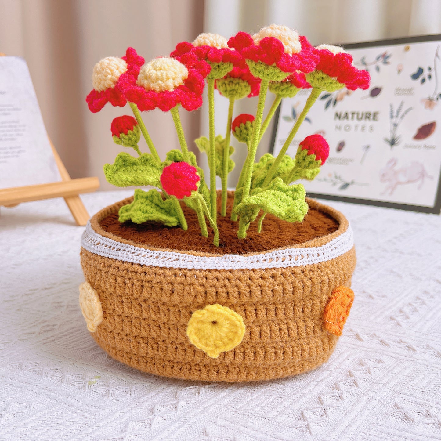 Handcrafted Large Plant Pot Arrangement with 8 Red Daisies for Indoor Decor & Gift Giving