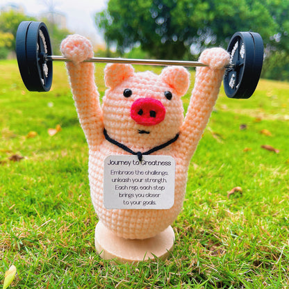 Handcrafted Crochet Journey to Greatness Piggy Figurine - Customizable Personalized Message Inspirational Embrace Challenge & Unleash Strength with Barbell Accessory and Wooden Base Birthday Graduation Celebration Gift