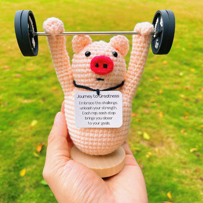 Handcrafted Crochet Journey to Greatness Piggy Figurine - Customizable Personalized Message Inspirational Embrace Challenge & Unleash Strength with Barbell Accessory and Wooden Base Birthday Graduation Celebration Gift