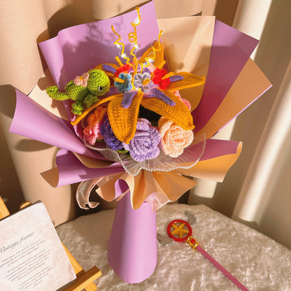 Princess Sundrop Gehäkelter Chamäleon-Blumenstrauß mit 8 Rosen – Geschenk zum Jahrestag für Freundin, Ehefrau, Abschlussfeier