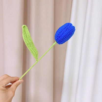 Blue Hues Handcrafted Crochet Flower Bouquet - Featuring Large Ombre White to Blue Roses, Light Blue Blooming Tulips, Dark Blue Unopened Tulips, Light & Dark Blue & Ombre White to Blue Mini Roses for Home Décor & Special Occasions