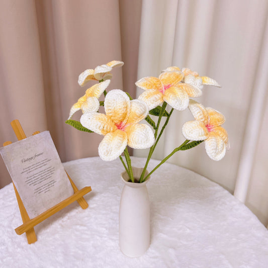 Hand Crochet Frangipani Flower - Realistic White Plumeria with Yellow Center, Hypoallergenic Single Stem for Bouquets, Wedding Decor, Tropical Theme Party, DIY Floral Arrangements