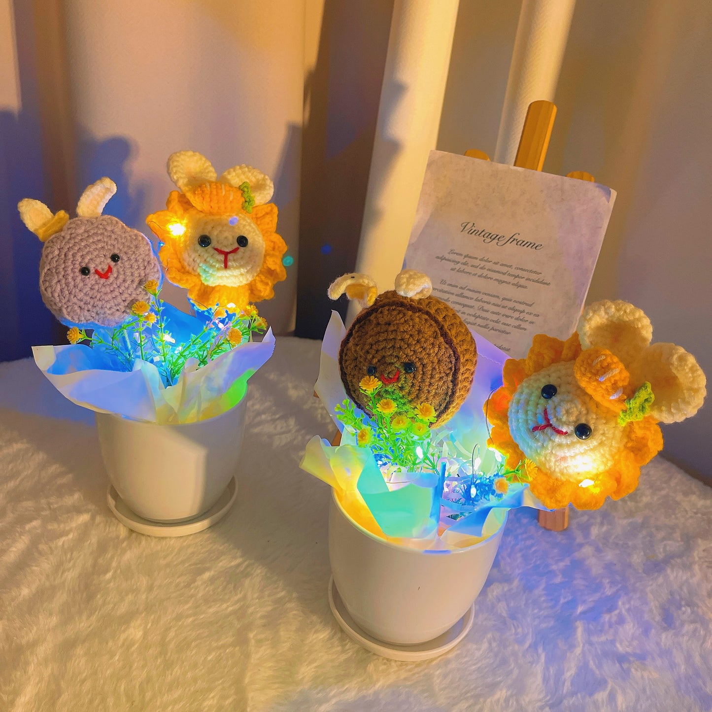 Handgefertigter gehäkelter Übertopf mit LED-Lichtern, Sonnenblumen-Hase und lila/braunem Hasen-Design – dekorativer Blumentopf für Haus, Garten, Einweihungsfeier, Muttertag