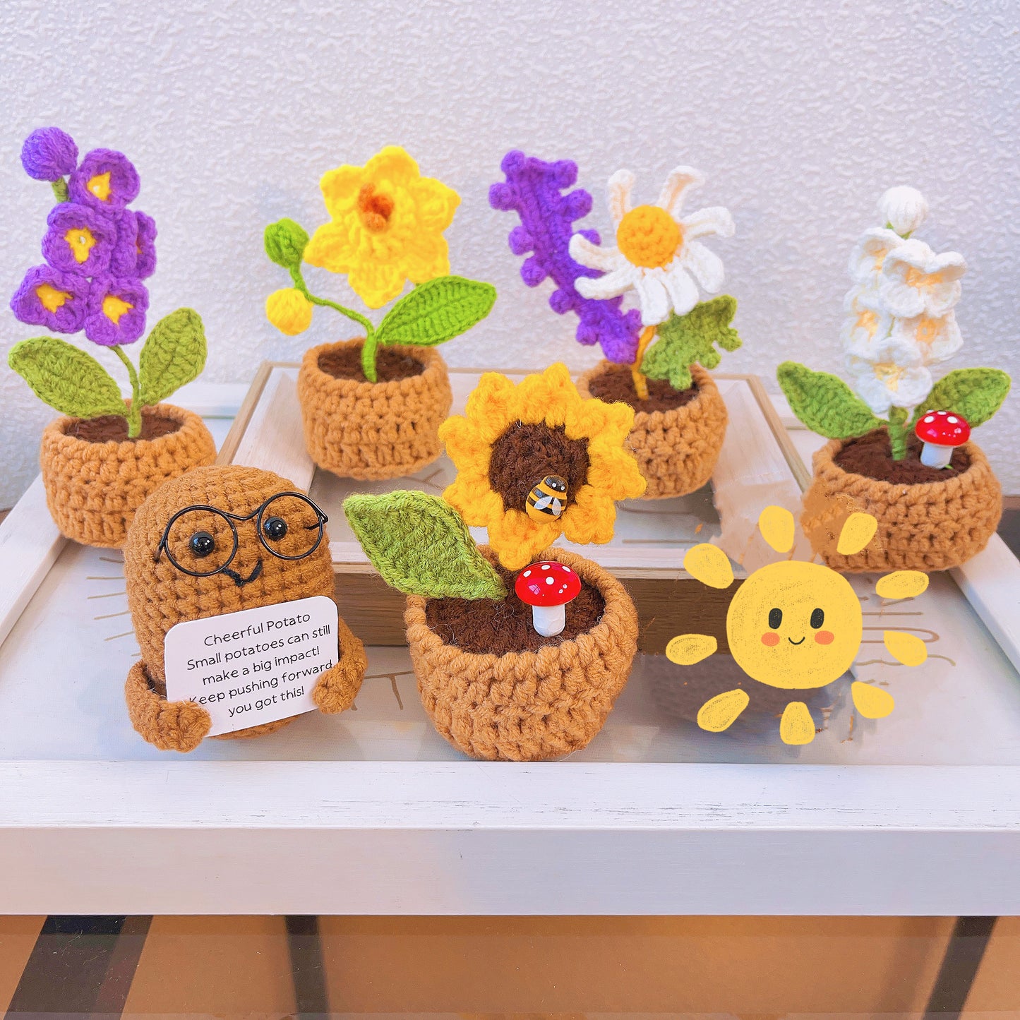 Figurinha Alegre de Batata Feita à Mão para Mesa com Cartão Personalizável, Plantinhas em Jardininha em Miniatura - Perfeita para Decoração de Casa, Presentes, Motivação e Ocasiões Especiais