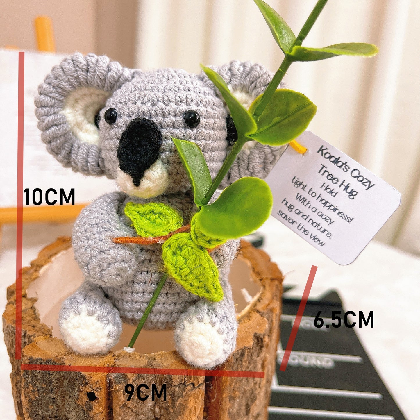 Handcrafted Supportive Koala Crochet Tree Hug Plushie - Cute Plush Ornament with Big Ears, Black Nose, Tree Branch & Customizable Inspirational Card - Perfect Gift for Nature Lovers, Birthdays, Baby Showers, Home Decor