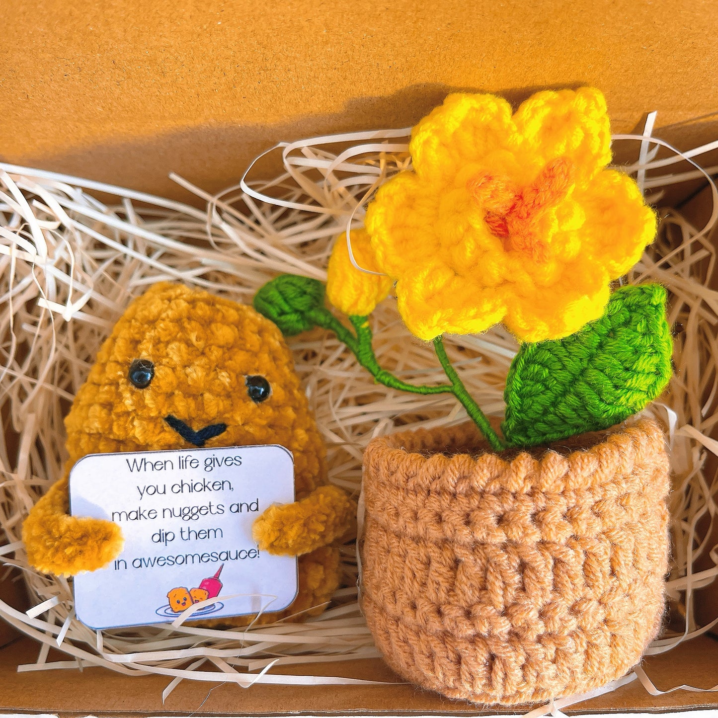 Personalisiertes Nugget und gehäkeltes Mini-Blumentopf-Paket mit positivem Zitat - Genesungsinspirierendes Geschenk Neujahrsvorsatz