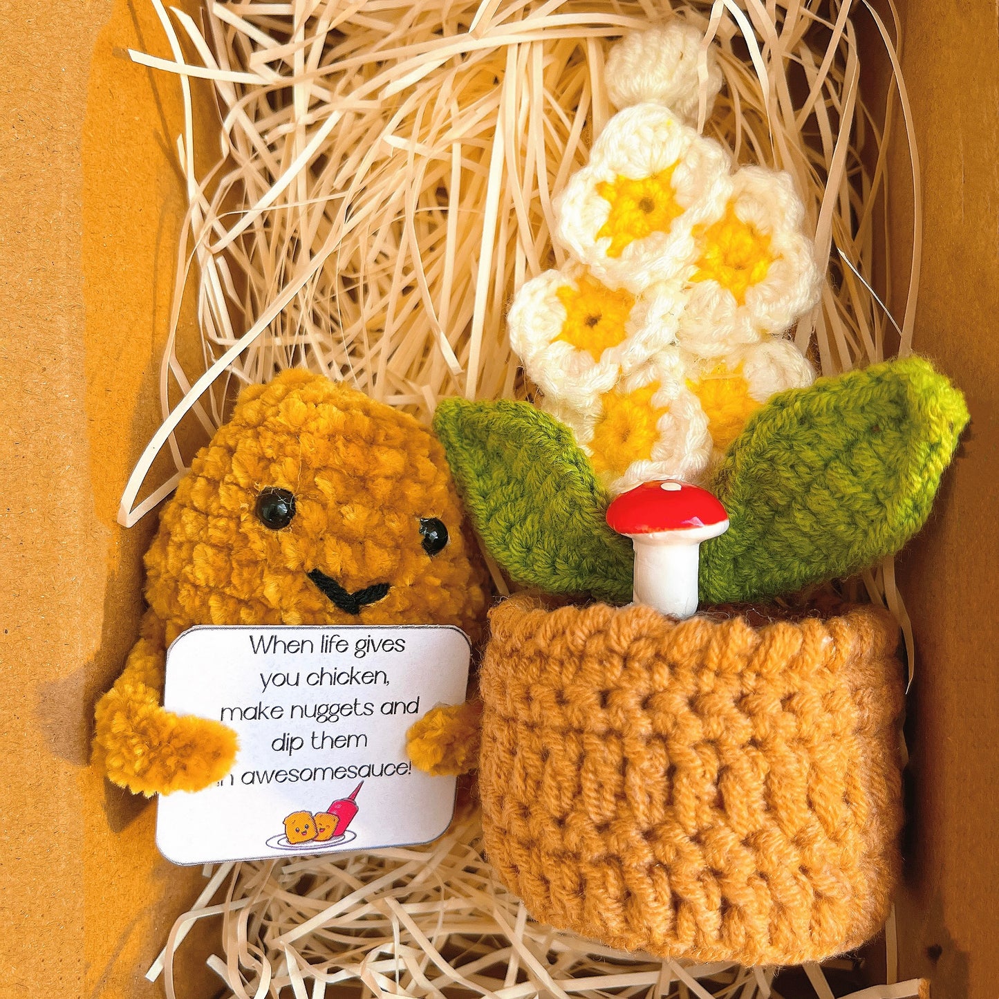 Personalisiertes Nugget und gehäkeltes Mini-Blumentopf-Paket mit positivem Zitat - Genesungsinspirierendes Geschenk Neujahrsvorsatz