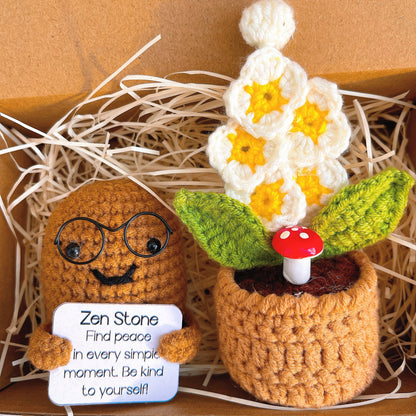 Pierre de bonheur au crochet avec texte personnalisé et pot fleuri - Cadeau de bien-être en pierre positive de soutien émotionnel