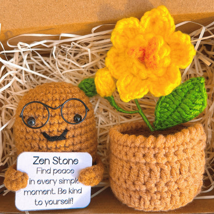 Pierre de bonheur au crochet avec texte personnalisé et pot fleuri - Cadeau de bien-être en pierre positive de soutien émotionnel