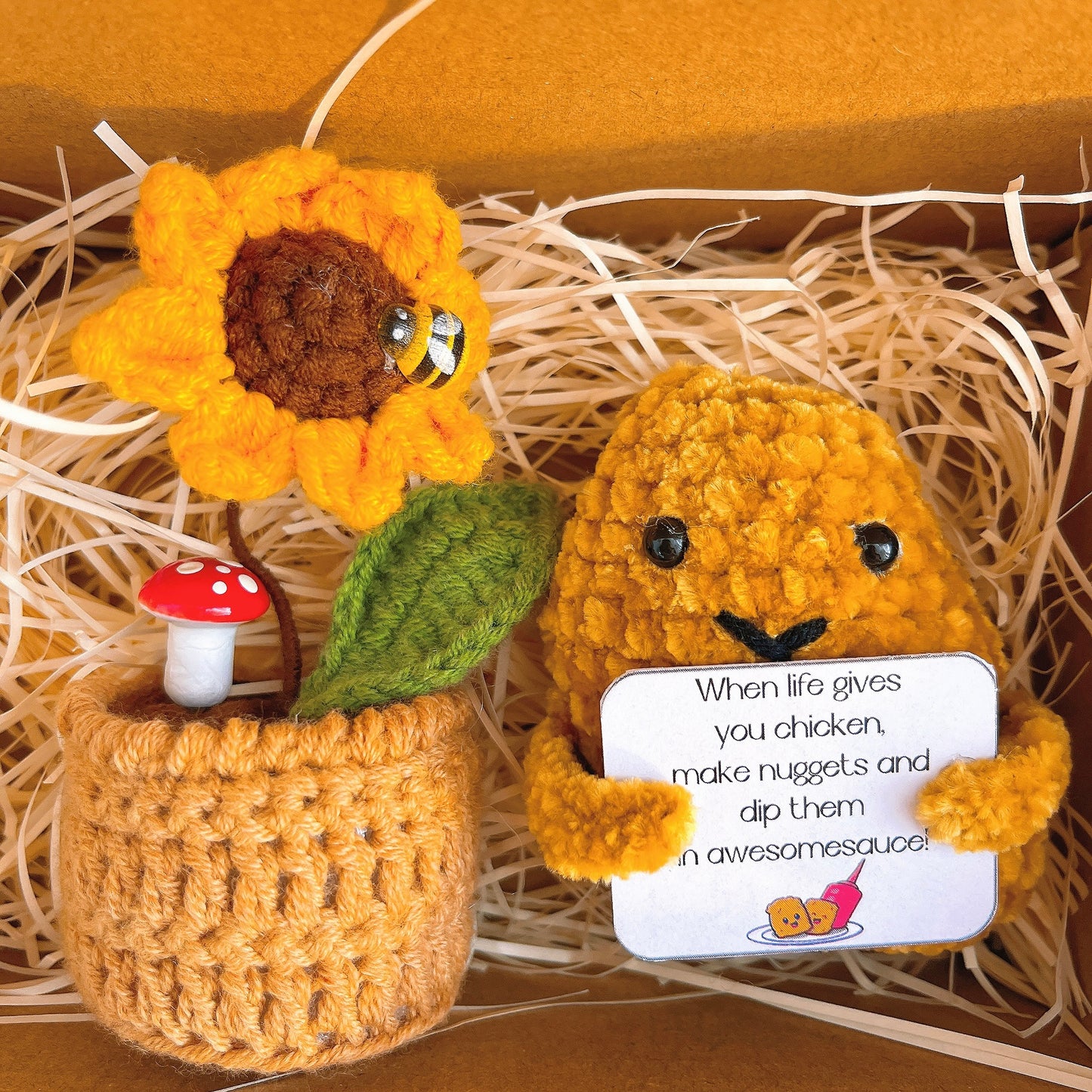 Personalisiertes Nugget und gehäkeltes Mini-Blumentopf-Paket mit positivem Zitat - Genesungsinspirierendes Geschenk Neujahrsvorsatz