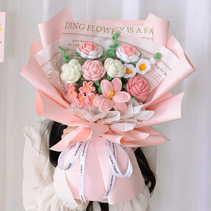 [Shipped from US] Handmade Crocheted Rose Bouquet with Lilies, Eucalyptus, Tulips, Forget-Me-Nots