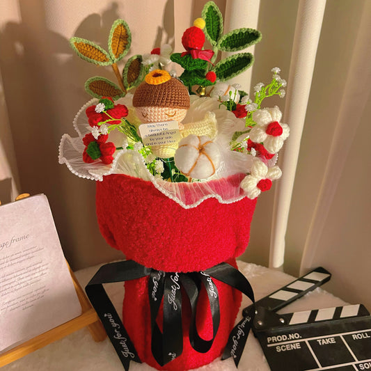 Bouquet de fleurs et d'anges au crochet sur le thème de Noël en laine d'agneau rouge - Arrangement de seau festif fait à la main avec carte personnalisable | Décoration lumineuse LED | Parfait pour les cadeaux de vacances et la décoration de la maison