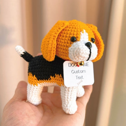 Crochet Beagle Figurine with Customizable Name Tag - Handmade Adorable Mixed Color Beagle Tony Puppy with Bell - Perfect Gift for Dog Lovers, Birthdays, and Home Decor