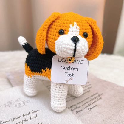 Crochet Beagle Figurine with Customizable Name Tag - Handmade Adorable Mixed Color Beagle Tony Puppy with Bell - Perfect Gift for Dog Lovers, Birthdays, and Home Decor