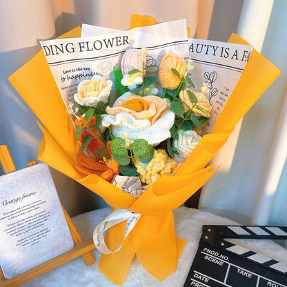 Handmade Yellow-Themed Crochet Flower Bouquet with Large White and Yellow Roses, Assorted Mini Roses, Closed Pink and Yellow Tulips, Open Orange Tulips, White and Yellow Carnations, Puff Flowers - Perfect Allergy-Friendly Gift for All Occasions