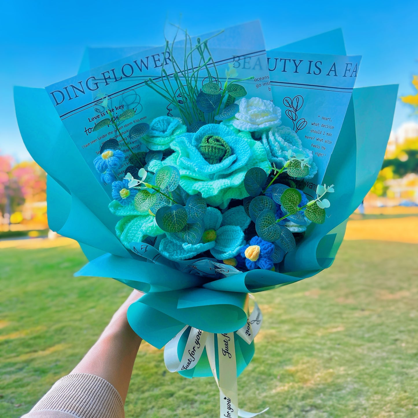 Green-Themed Handmade Crochet Flower Bouquet with Gradient Green Roses, Fountain Grass, White and Green Roses, Blue and White Small Roses, Deep and Light Mint Cosmos, Mint Green Peonies, Puff Flowers-Perfect Allergy Friendly Gift for Any Occasion