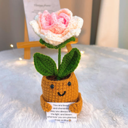 Handmade Crochet Flower Supportive Planter - Wooden Base with Smiling Face, Custom Message Card Roses, Forget-Me-Nots , Sunflower- Hypoallergenic Gift for Valentine's, Mother's Day & Housewarming