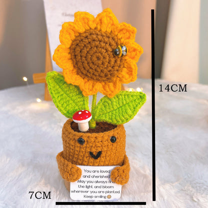 Handmade Crochet Flower Supportive Planter - Wooden Base with Smiling Face, Custom Message Card Roses, Forget-Me-Nots , Sunflower- Hypoallergenic Gift for Valentine's, Mother's Day & Housewarming