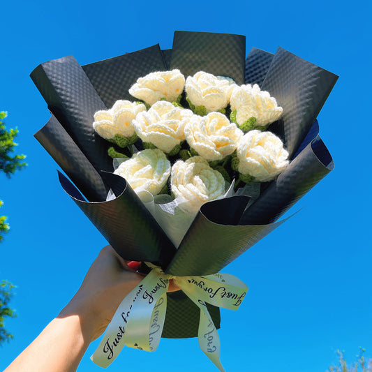 Crocheted 9 White Roses Sympathy Bouquet - Hypoallergenic Memorial Funeral Arrangement Allergy-Free Everlasting Floral Gift for Bereavement