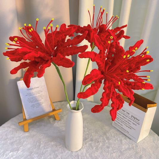 Handmade Crochet Red Spider Lily (Lycoris Radiata) - Ultra-Realistic Single Stem with 16 Petals & 16 Stamens - Hypoallergenic Artificial Flower for Home Decor, Halloween, Asian-Themed Events, Memorial Gifts, Unique Floral Arrangement
