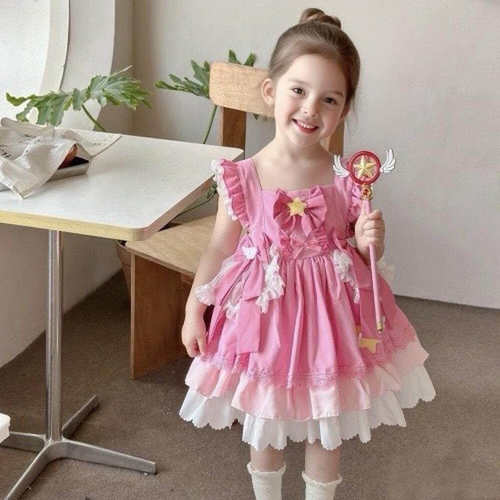 Girl's Star Lolita Princess Party Dress - Handmade Detachable Wings & Bows, Custom Dyed Magenta, Built-in Petticoat, 100% Cotton Lining - Perfect for Birthday, Christmas, Pageant, Photo Shoots (3-12 Years)