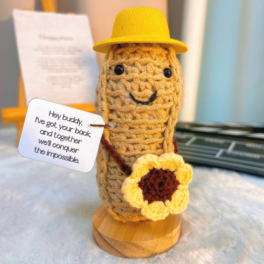 Peluche de soutien amusante en forme de cacahuète avec carte de message personnalisable - Adorable chapeau jaune et tournesol, cadeau personnalisé en crochet de gelée parfait pour l'amitié, les anniversaires, les célébrations et les encouragements